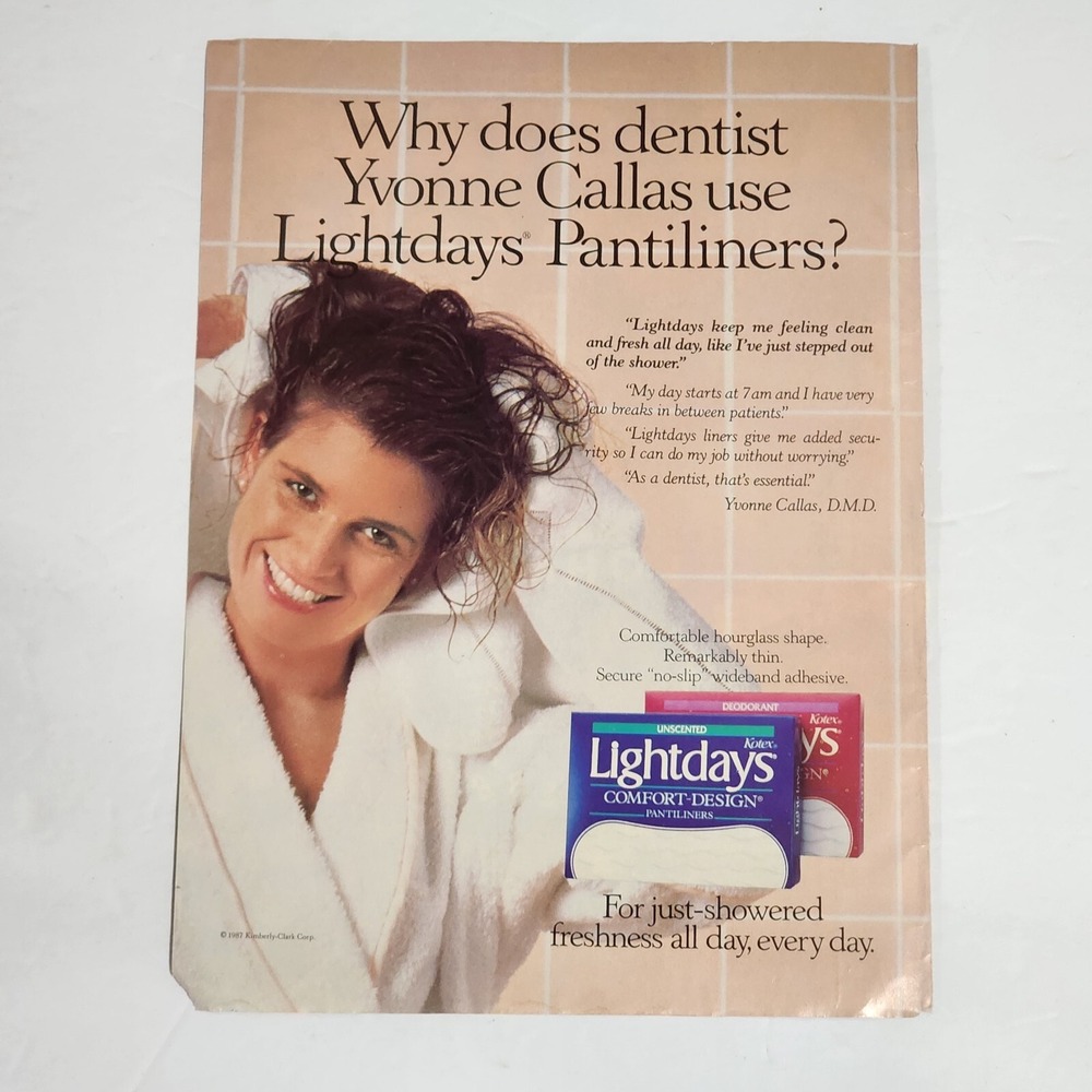 Vintage 1987 Kotex Lightdays Print Ad Yvonne Callas DMD Magazine Clipping 8x11